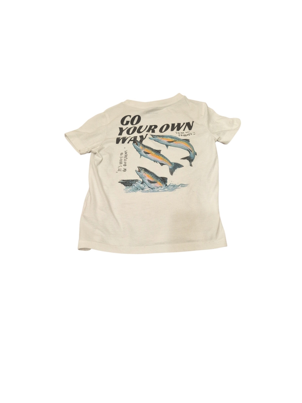 Old Navy Whitw Tee with Three Fish Graphic and 'Go Your Own Way' Text